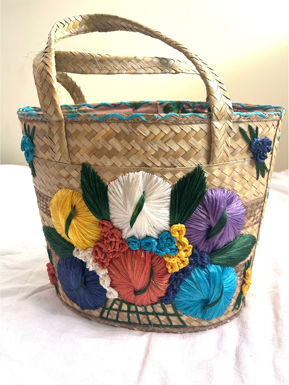 Vintage 1960s Cabana Floral Raffia Woven Straw Purse Handbag Multi-Floral Stitch